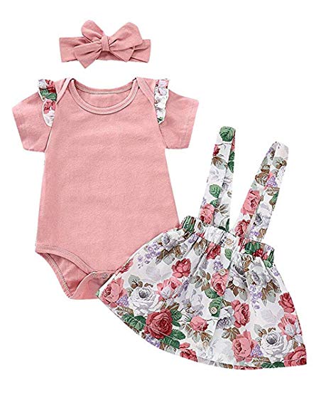 Short Sleeve Ruffle Romper Suspender Floral Skirt